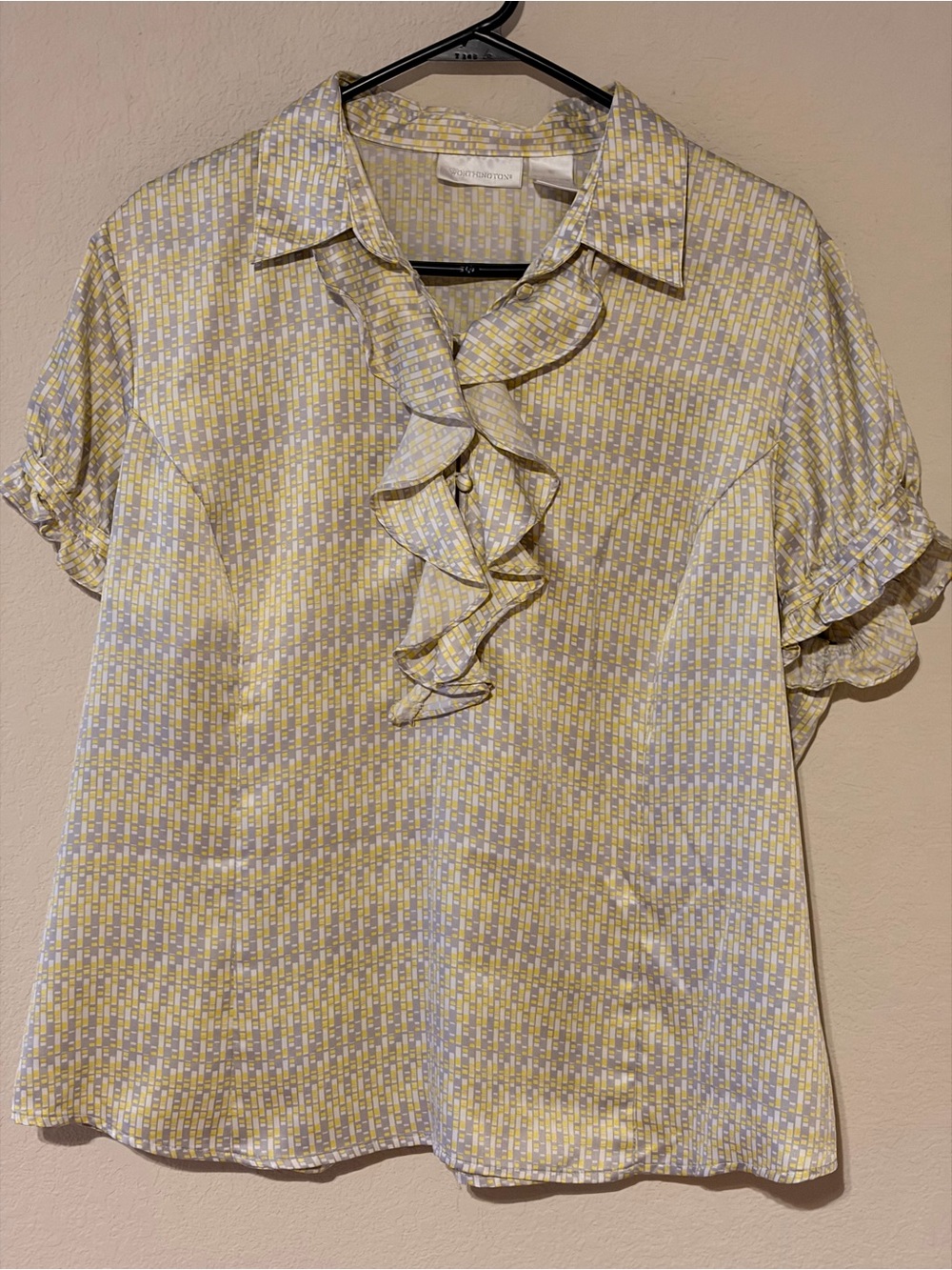 Worthington Light Yellow Patterned Ruffle-Front Blouse